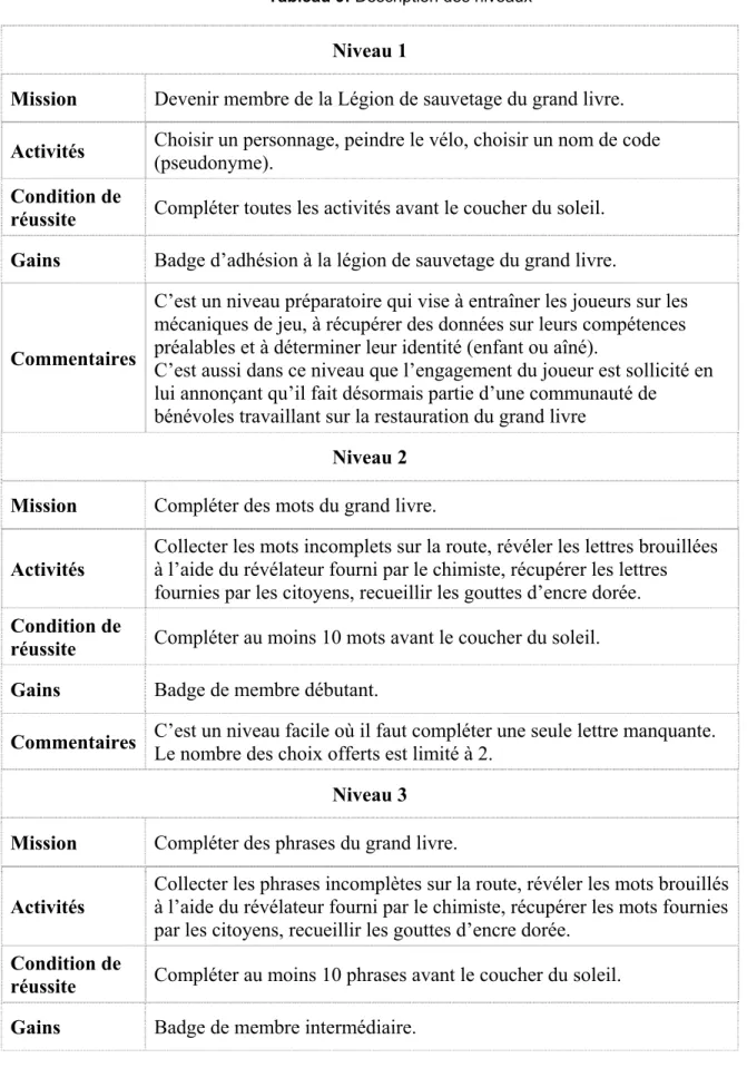 Tableau 9: Description des niveaux 