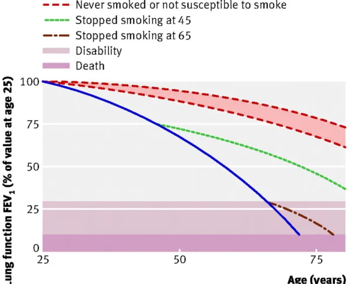Figure 2 : Déclin de la fonction respiratoire / Déclin du VEMS en fonction de l’âge selon que l’on  soit fumeur ou pas
