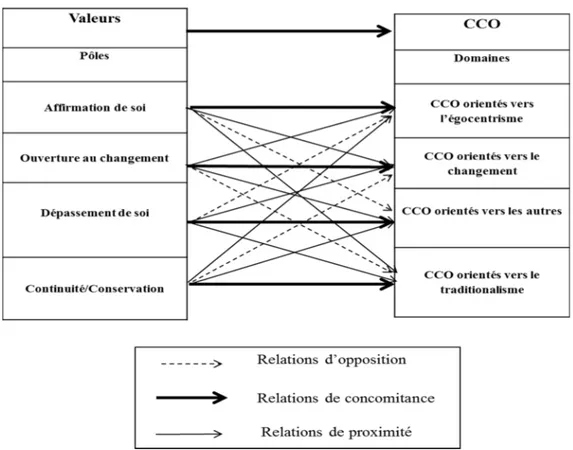 Figure 5: Modèle des relations entre les pôles de valeurs et les dimensions des CCO 