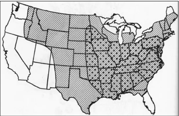 Figure  1  -  Distribution  d’A.  trifida  aux  États-Unis  d’Amérique  –  Les  zones  avec  signets  supplémentaires indiquent  les  zones  où  A