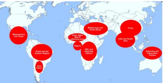 FIGURE 1 – ISSU D’UN ARTICLE DE PETER J. HOTEZ ET AL., LES DIX « HOTSPOTS » DE MALADIES  NEGLIGEES DANS LE MONDE