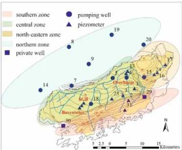 Figure 1: Map of the study area in the Geer basin showing river  network, isopieses and sampling points (wells and piezometers)