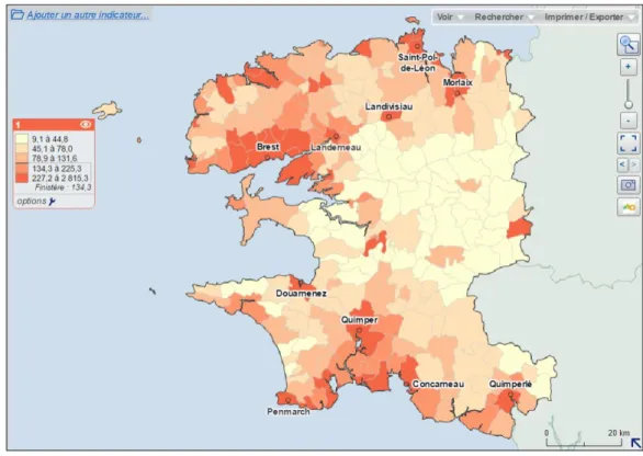 Fig. : 3.3. La densité de population exprimée en nombre d’habitants au km 2  (2013) 