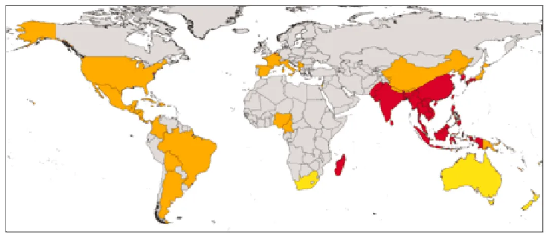 Figure 12 : aire de distribution globale d’Aedes albopictus (26).