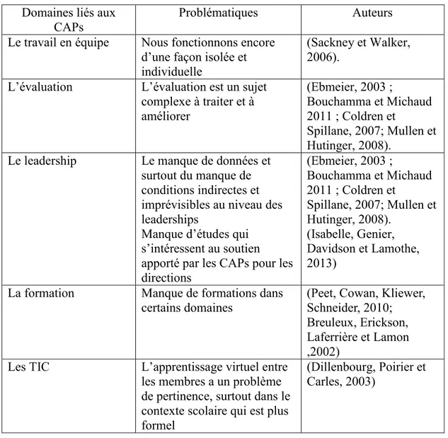 Tableau 1 : Les problématiques de quelques domaines reliés aux CAPs  Domaines liés aux 