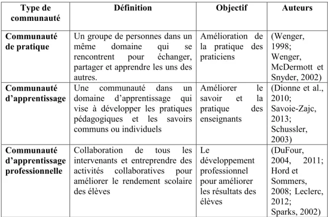 Tableau 3 : Différents types de communautés selon Leclerc et Labelle (2013)  Type de 