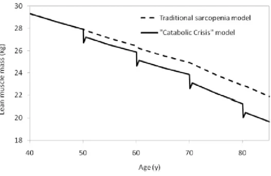 Figure 7. Courbe de la perte de muscle (en kg) en fonction de l'âge chez le sujet sain et le sujet malade 34