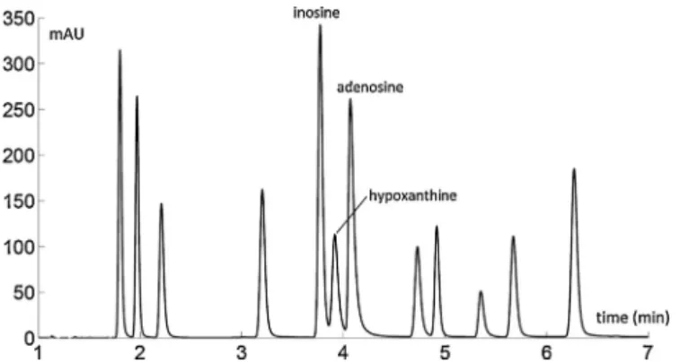 Fig. 5. Separation of twelve nucleobases and nucleosides using two coupled columns (amide and bare silica stationary phase)