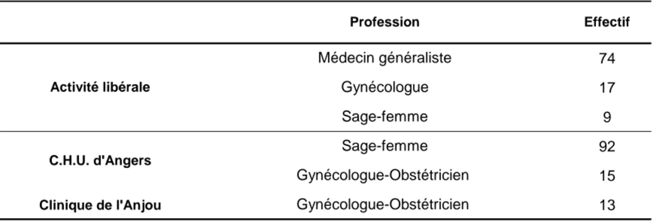 Tableau I : Effectifs de la population cible selon la profession et le mode d’exercice 