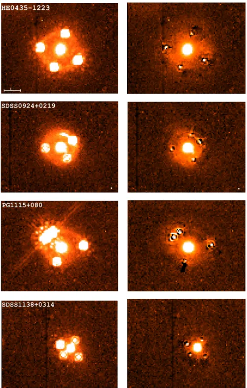 Fig. 3: Left: HST-NICMOS data frames from our samples. Right: resulting images after the lensed signal subtraction, point sources and arcs