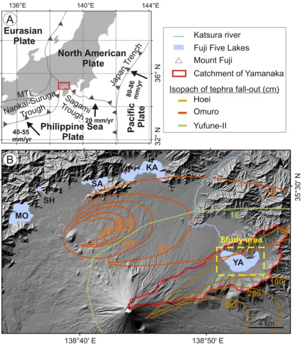 Fig. 1. Setting of the study area. A. General localization of Lake Yamanaka on Honshu Island (Japan)