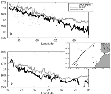 Fig. 10. Time series of SSS at the Douro (top panel) and the Gironde (bottom panel) river plumes