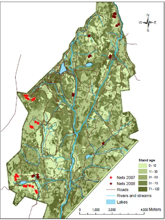 Figure  1.  Mist  net  locations  of  2007  fruit  removal  experimental  design  (in  light  red)  and  2008 large-scale clearcut use evaluation (in dark red)