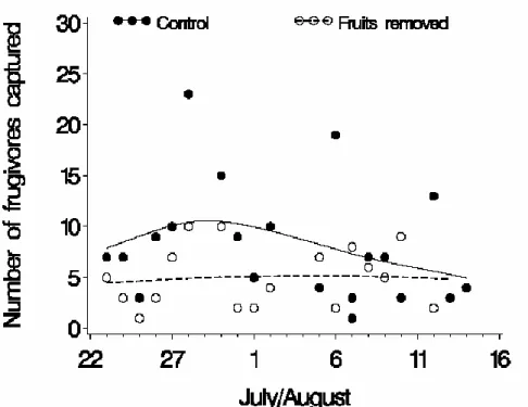 Figure 5. Number of frugivores captured in experimental (fruits removed) and control (with  fruit)  plots  as  a  function  of  time