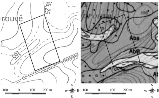 Fig. 1. Experimental field, topographic and pedological maps