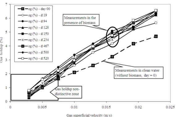 Figure 4: Comparison of gas holdup in clean water to ε g  evolution with time in  process media 