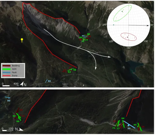 Figure 8. Two Google Earth  R views with the strike-dip symbols of the measurement took the Fernpass rock avalanche and a stereonet: the upper image shows a global view the rockslide and the lower image is a zoom on the measurements
