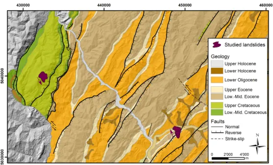 Figure 3. Geological map of the study area in the SE Carpathians (Buzau province; modified after [42]) with the Eagle’s Lake in the west and the Balta rockslide in the east of the map (coordinate system: