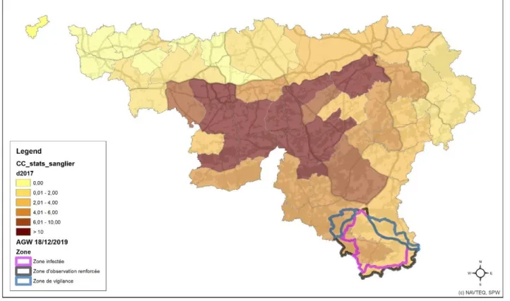 Figure 3 – Wallonia : Boar hunting statistics per km 2  of forest in 2017-2018 at the scale of the hunting council