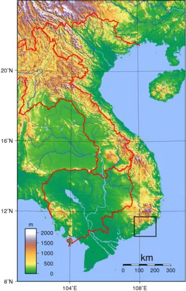 Figure 1.   Vietnam topography with the region of interest in the black  rectangle (source: http://fr.wikipedia.org/wiki/Viêt_Nam)
