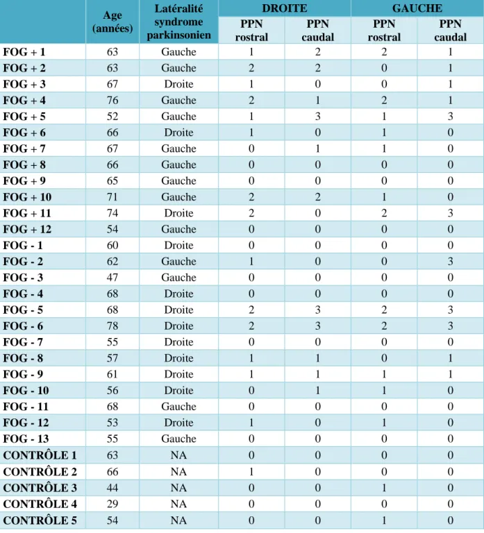 Tableau 5 : Evaluations semi-quantitatives de l’ensemble des patients de notre étude. 