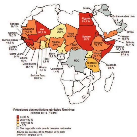 Figure 7: Répartition géographique et prévalence des mutilations génitales féminines de types 1, 2 et 3 en  Afrique et au Moyen-Orient
