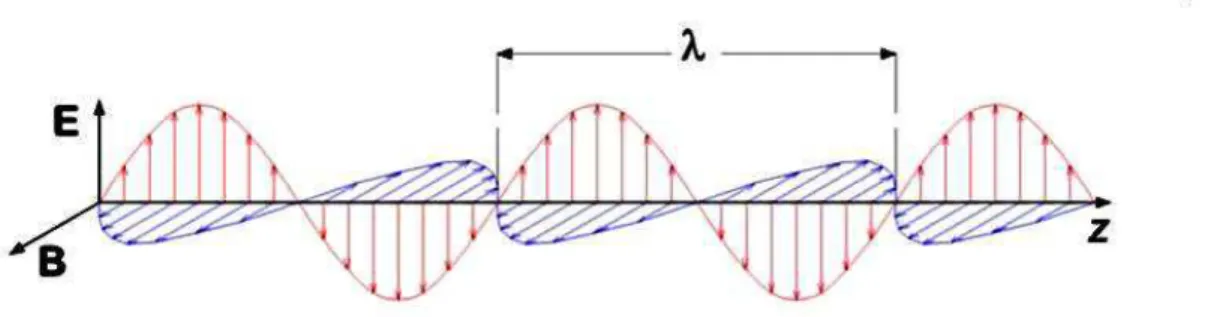 Figure  IV.2:  Electromagnetic  wave.  E  is  the  electric  component  (red)  in  plane  of  drawing;  B  is  the  magnetic  component (blue) in orthogonal plane