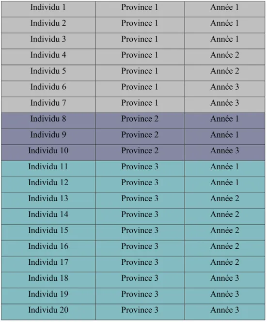 Tableau 3 – Illustration de la base de données formée d’individus issus de différentes  provinces et de différentes années de sondage 