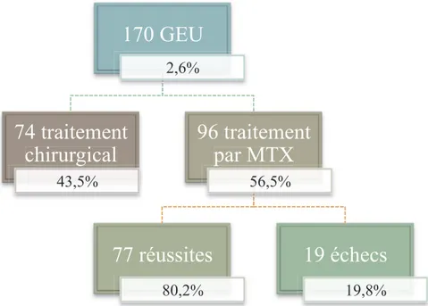 Figure 1 : diagramme en flux – prise en charge et devenir des patientes traitées pour une GEU  tubaire au CHU d’Amiens entre le 1 er  Mars 2012 et le 28 Février 2015  