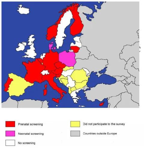 Figure  1  -  Répartition  géographique  des  différents  programmes  de  prévention  de  la  toxoplasmose congénitale en Europe, en 2005, d’après Eurotoxo [18] 