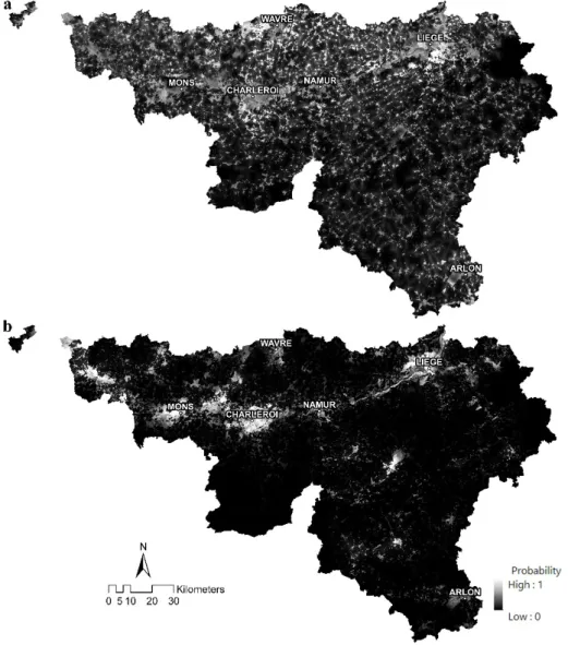 Fig. 1. MNL probability maps for: a. class1 (scattered), b. class7 (generally located in urban zones)
