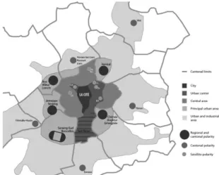 Figure 2: Projected development of Liège as a regional metropo- metropo-lis (from L’Équerre, 1966)  as adapted by C