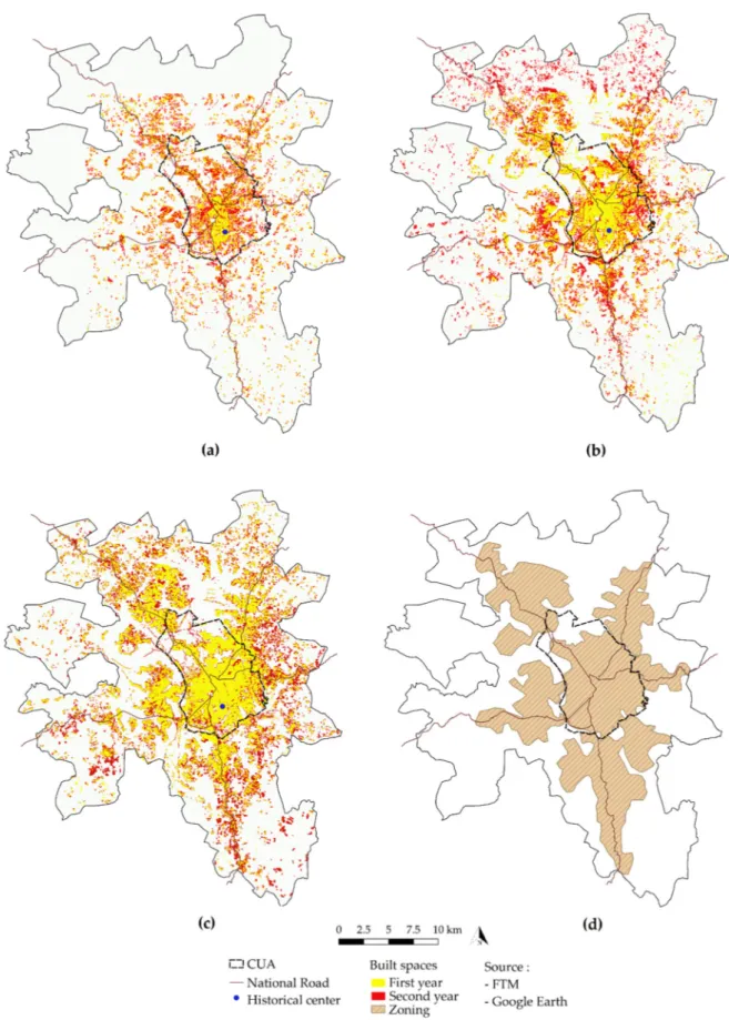 Figure 8. Urbanized cells: (a) 1953–1975; (b) 1975–2006; (c) 2006–2017; (d) 2017. 