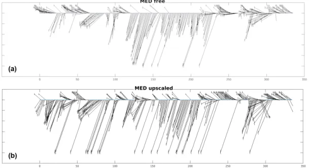 Figure 8. Rhône River plume direction and length (a) for the free and (b) upscaled MED models