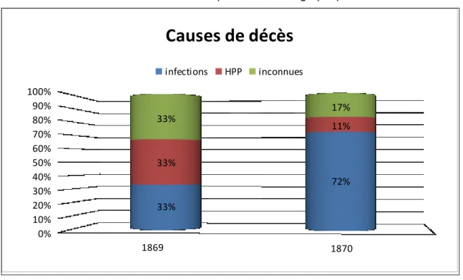 Graphique 1 : causes des décès maternels en 1869 et 1870 