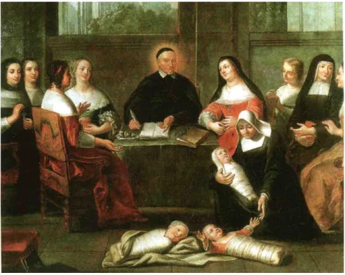 Illustration 1 : « Saint Vincent de Paul créant l’œuvre des Enfants Trouvés  (1633) » par le Frère Jean André, XVIIIe siècle 