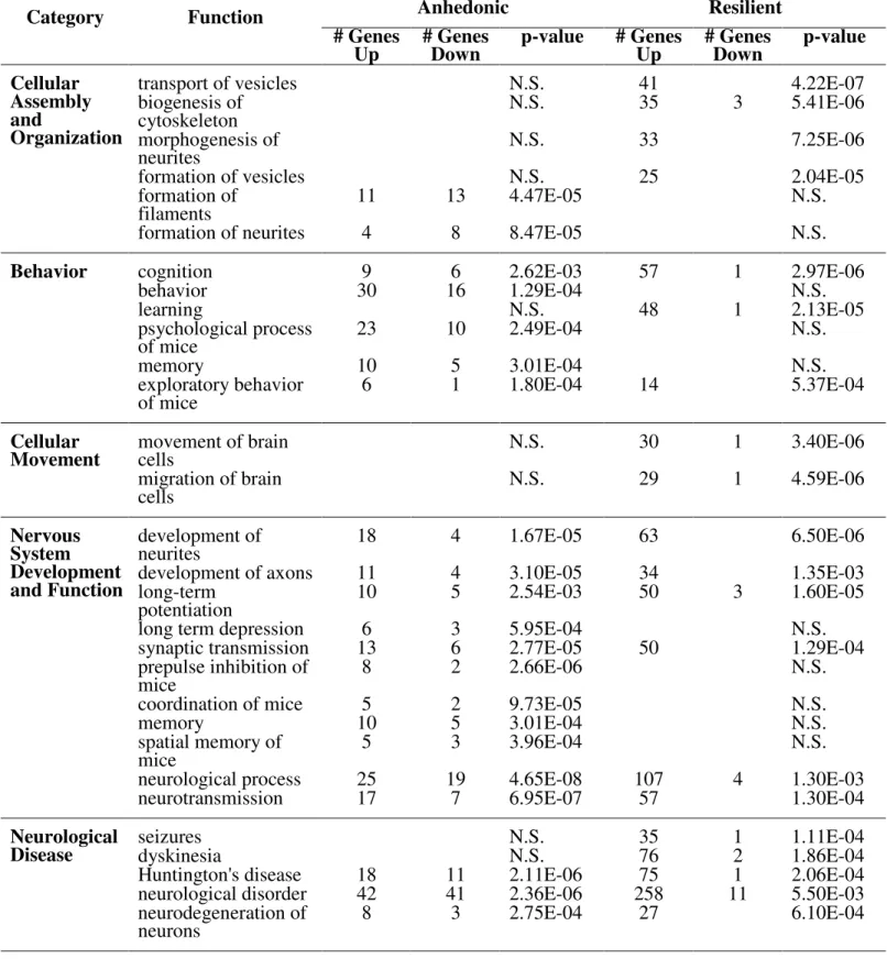 Table 4. Comparison of gene expression in anhedonic and resilient stressed mice versus non- non-stressed controls  Anhedonic  Resilient  Category  Function  # Genes  Up  # Genes Down  p-value  # Genes Up  # Genes Down  p-value 