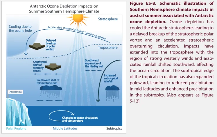 Figure ES-8.  Schematic illustration of  Southern Hemisphere climate impacts in  austral summer associated with Antarctic  ozone depletion