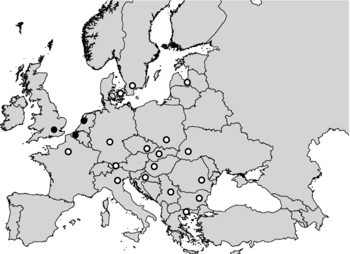 Fig. 3. Occurrence of H. marginata in countries of Europe: black circles, population including larvae of both types, with and without cocoons;