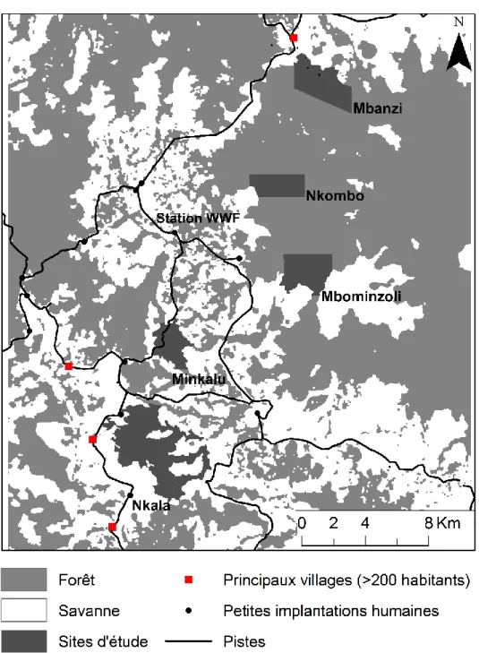 Fig. 0-10. Zone d’étude dans la mosaïque de forêts-savanes, avec les cinq sites forestiers sélectionnés pour  le travail de terrain