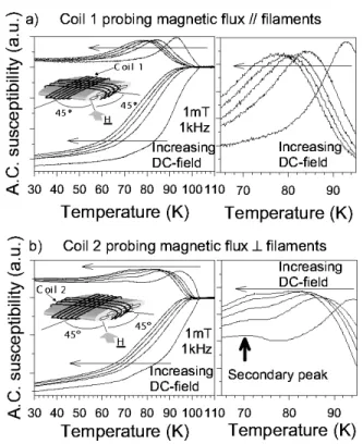 Fig. 1. AC susceptibility of Bi-2223/Ag tape as a function of the temperature with DC magnetic fields of 0, 25, 50, 75, and 100 mT parallel to the ab-plane at 45 with respect to the filament direction