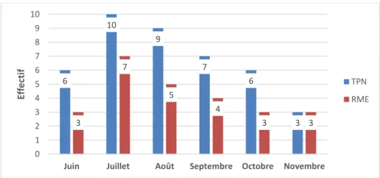 Figure 2 : Nombres de TPN et de RME par mois de l'étude. 