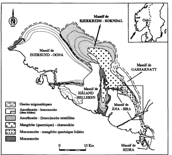 Figure 1 : Carte géologique simplifiée de la province anorthositique du Rogaland avec la localisation de la  figure 2.