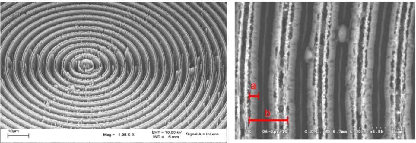Figure 6. Left, SEM image of the first AGPM diamond prototype. Filling factor  F ≈ 30%, feature line  FΛ  ≈ 1.4  µm, and depth  h ≈ 13.5  µm