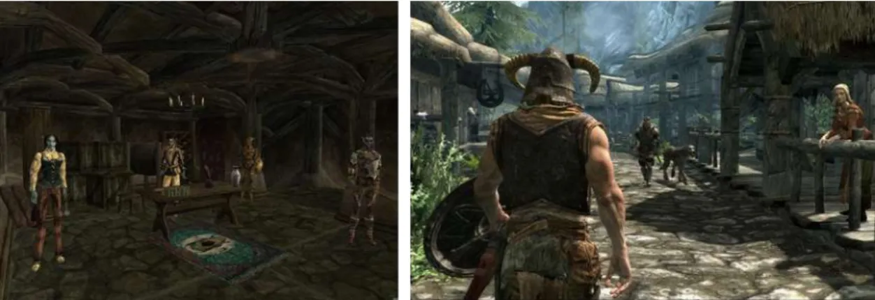 Figure 4 - Captures d'écran de The Elder Scrolls III : Morrowind (Bethesda Softworks, Ubisoft, 2002), à gauche, et de The  Elder Scrolls V : Skyrim (Bethesda Softworks, Ubisoft, 2011), à droite 
