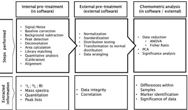 Fig. 2. Conceptual and general data analysis framework used in this study separated whether the necessary steps and actions were performed within the used GC × GC  software  packages or in external software