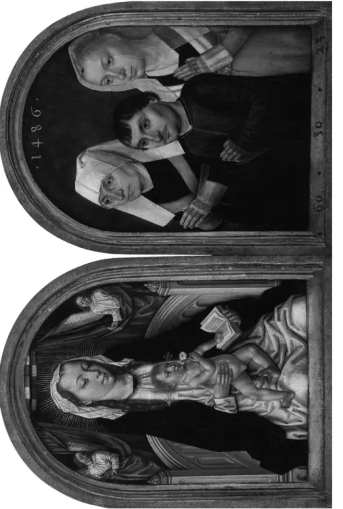 FIG. 4. MAÎTREDELA LÉGENDEDESAINTE URSULE, Diptyque de la Vierge à l’Enfant adorée par trois dévots, 1486, ANVERS,  Koninklijk Museum voor Schone Kunsten, nos inv