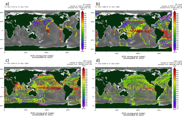 Figure 2. Distribution of data in SOCAT version 1.5 per decade: a) 1970s, b) 1980s, c) 1990s 2  and d) 2000s