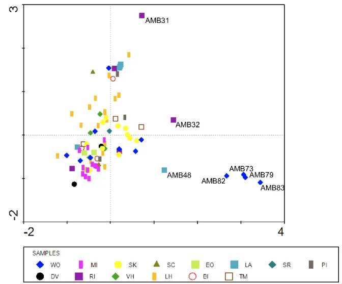 Figure  8.  Correspondance  Analysis  of  the  band  classes  for  DGGEb  showing  the  sample  scores