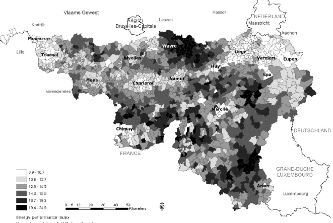 Figure 1 : Variation des consommations d’énergie pour les déplacements domicile-travail, en kWh par personne et par tra- tra-jet, à l’échelle de l’ancienne commune sur base des données INS 2001 (Marique et al